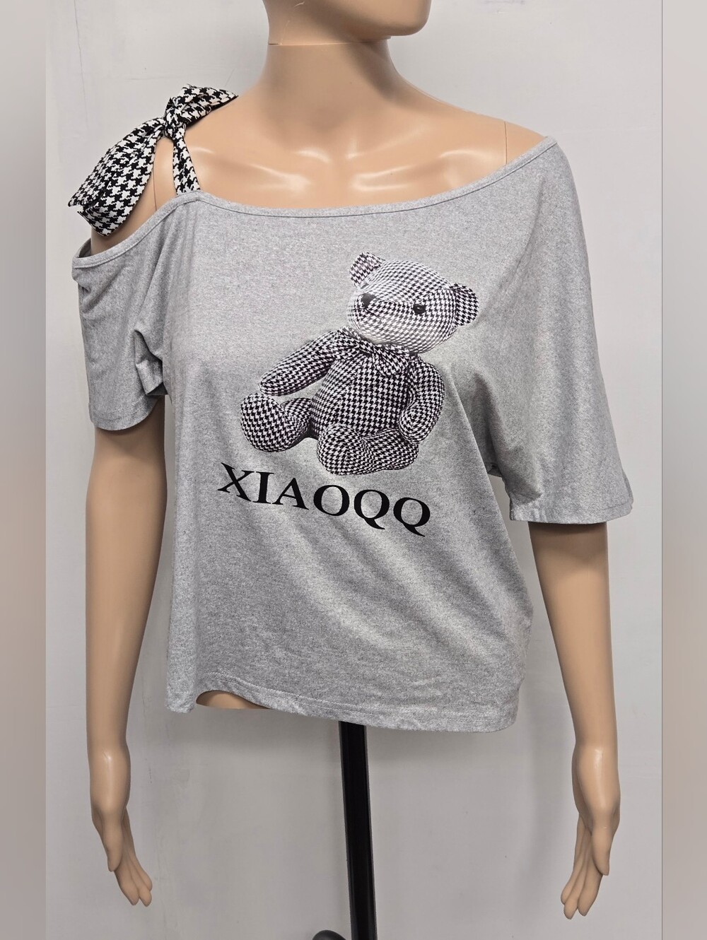 Shein XS Cold Shoulder Tie Teddy Bear XIAOQQ Gray Black Stretch